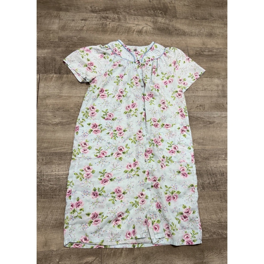 Grandma Nightgown Large Blue Pink Floral Flowers Dress Gown Short Sleeve Granny